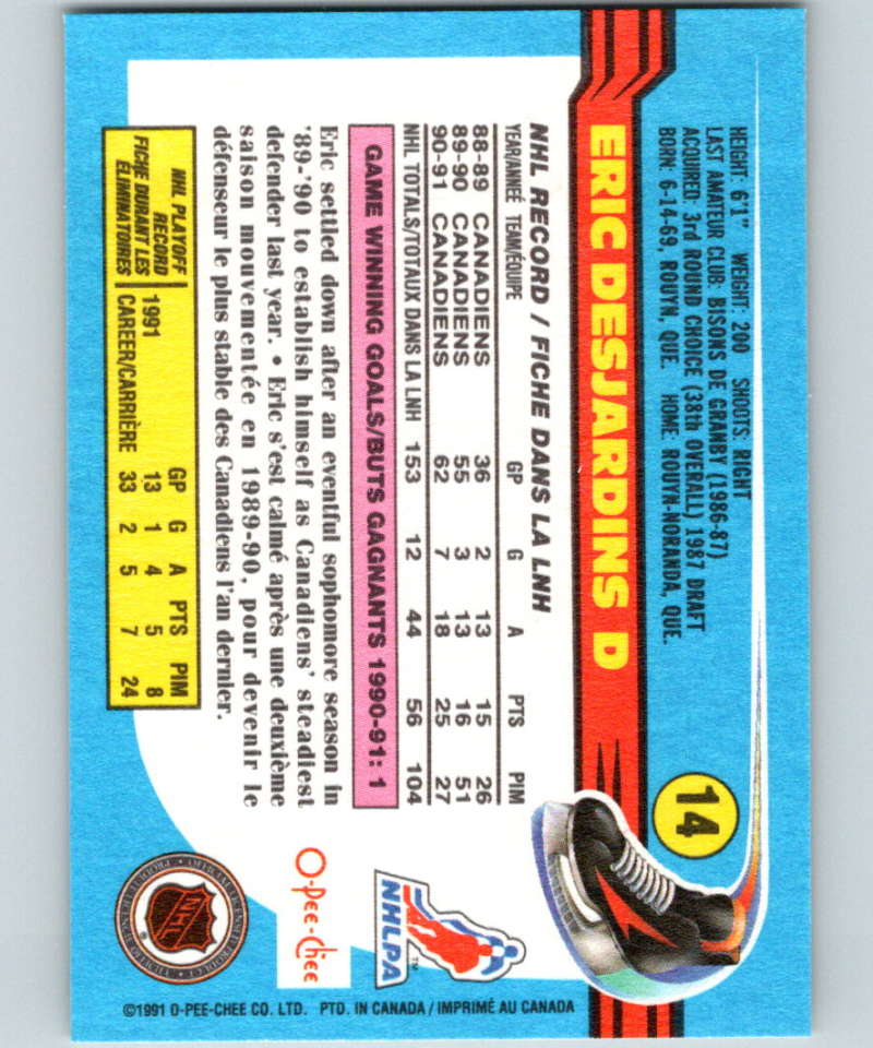 1991-92 O-Pee-Chee #14 Eric Desjardins Mint Montreal Canadiens Image 2