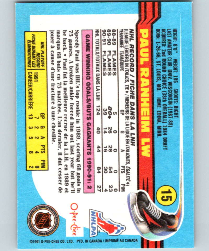 1991-92 O-Pee-Chee #15 Paul Ranheim Mint Calgary Flames Image 2