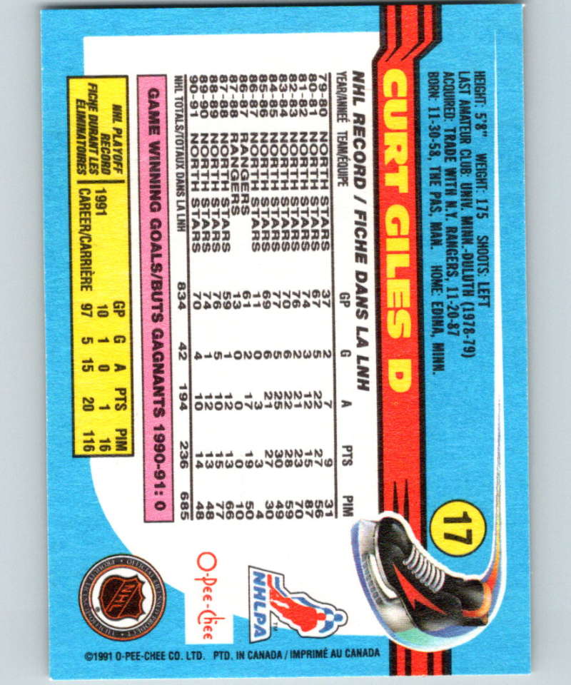 1991-92 O-Pee-Chee #17 Curt Giles Mint Minnesota North Stars Image 2