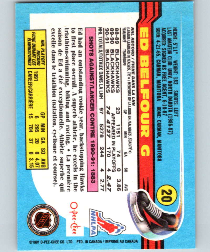 1991-92 O-Pee-Chee #20 Ed Belfour Mint Chicago Blackhawks Image 2