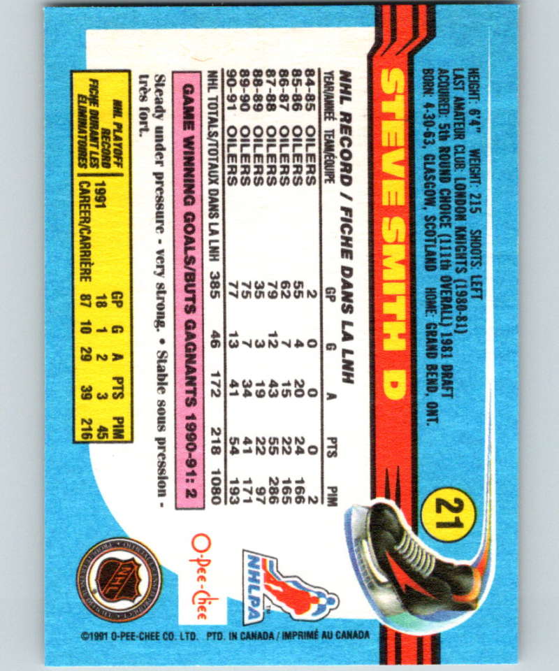 1991-92 O-Pee-Chee #21 Steve Smith Mint Edmonton Oilers Image 2