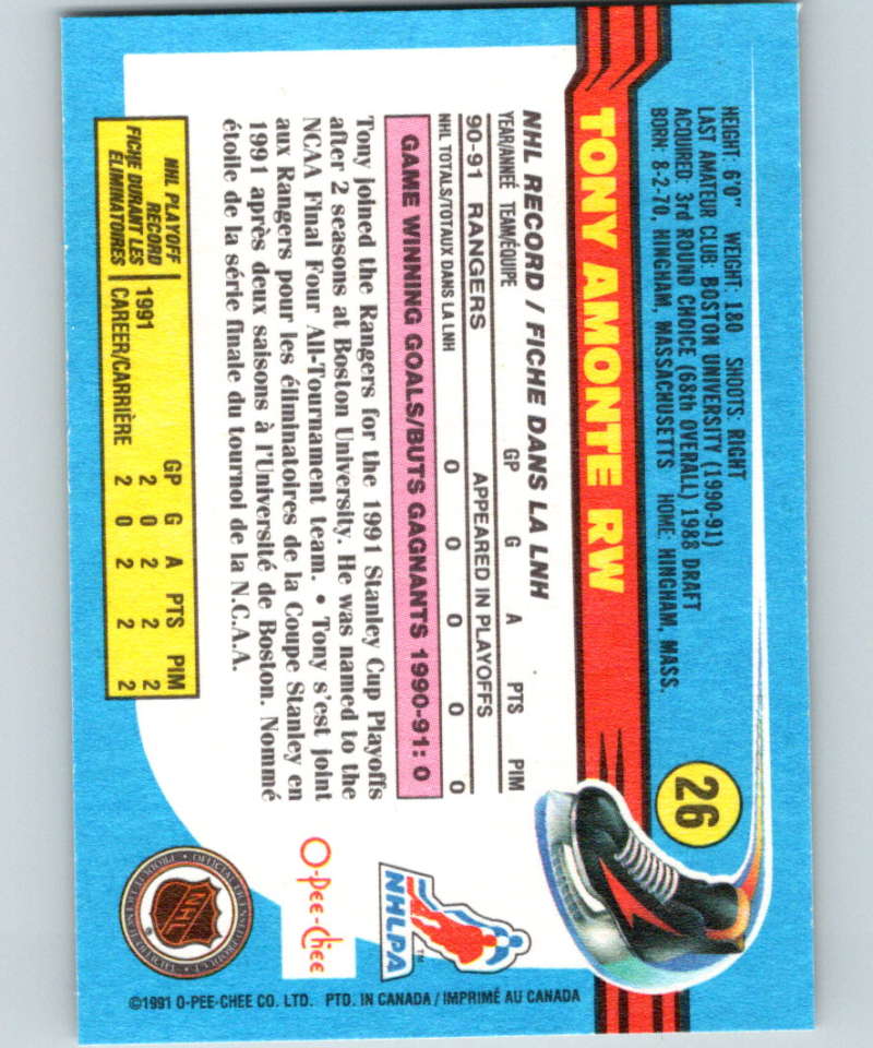 1991-92 O-Pee-Chee #26 Tony Amonte Mint RC Rookie New York Rangers Image 2