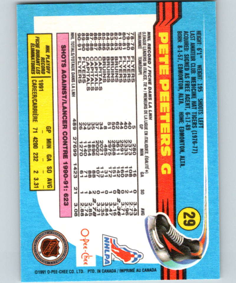 1991-92 O-Pee-Chee #29 Pete Peeters Mint Philadelphia Flyers Image 2