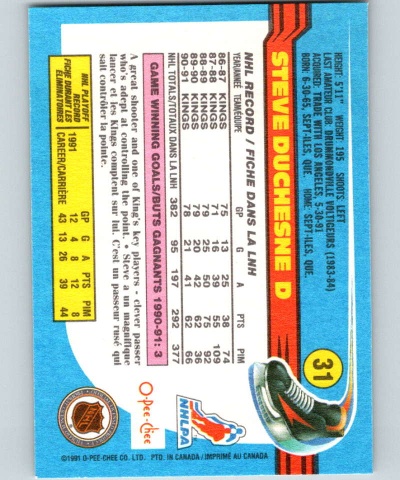 1991-92 O-Pee-Chee #31 Steve Duchesne Mint Los Angeles Kings Image 2