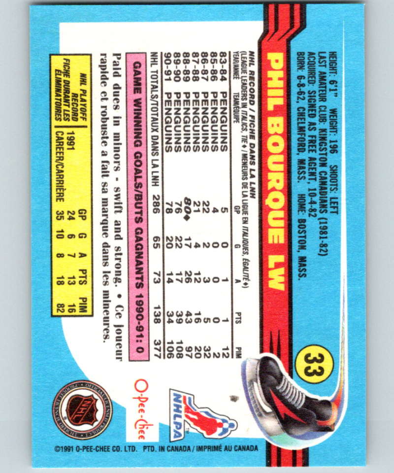 1991-92 O-Pee-Chee #33 Phil Bourque Mint Pittsburgh Penguins Image 2
