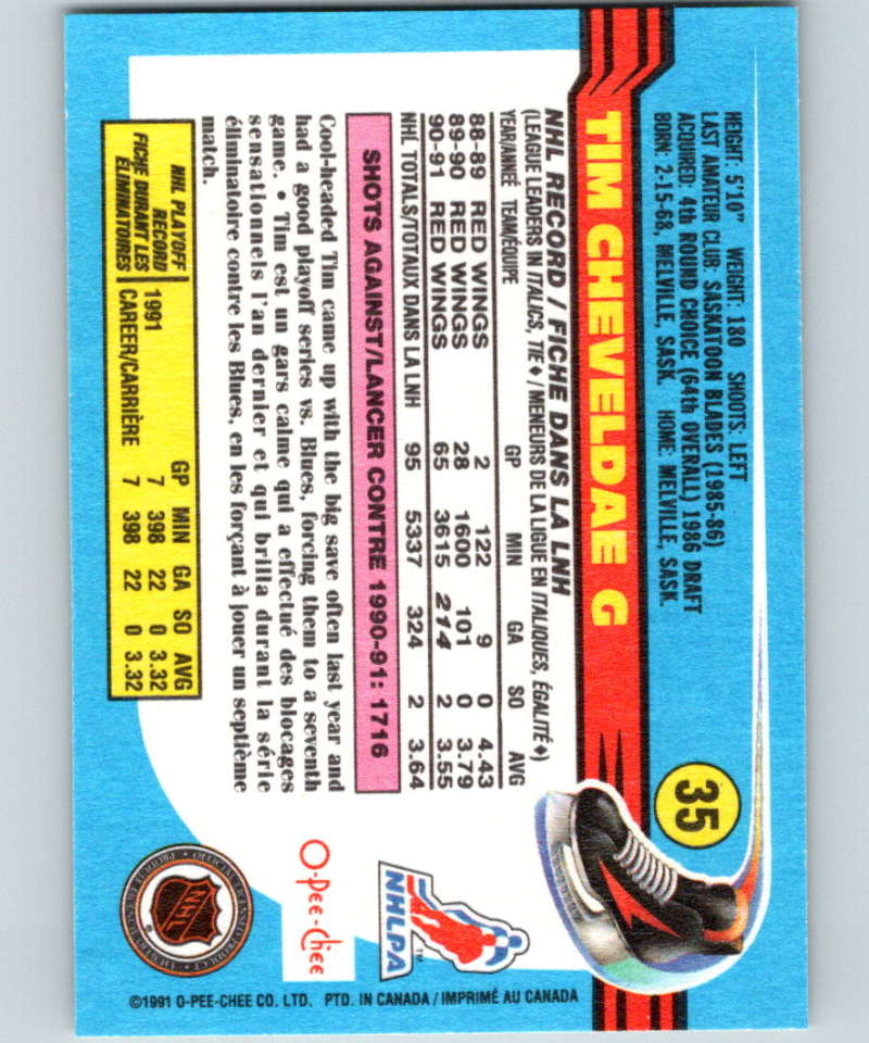 1991-92 O-Pee-Chee #35 Tim Cheveldae Mint Detroit Red Wings Image 2