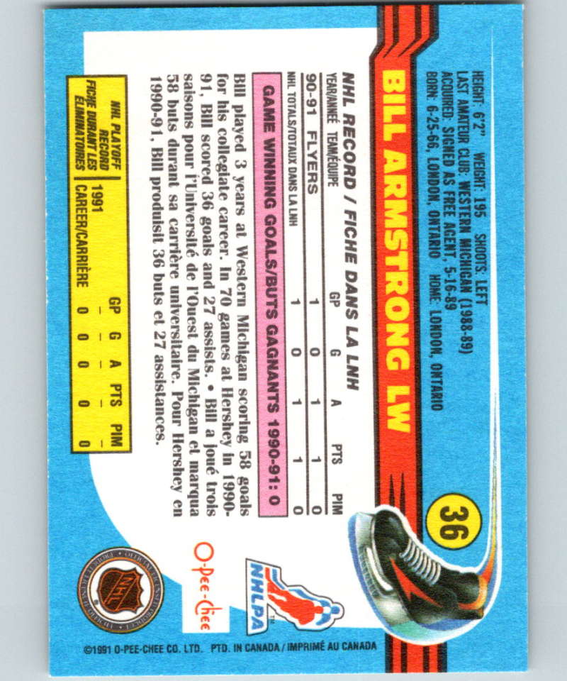 1991-92 O-Pee-Chee #36 Bill Armstrong Mint Philadelphia Flyers Image 2