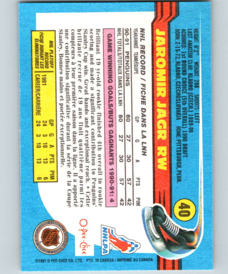 1991-92 O-Pee-Chee #40 Jaromir Jagr Mint Pittsburgh Penguins