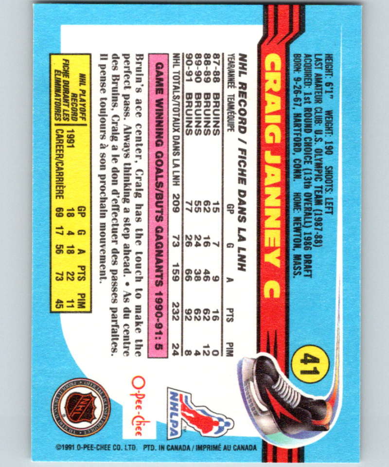 1991-92 O-Pee-Chee #41 Craig Janney Mint Boston Bruins Image 2