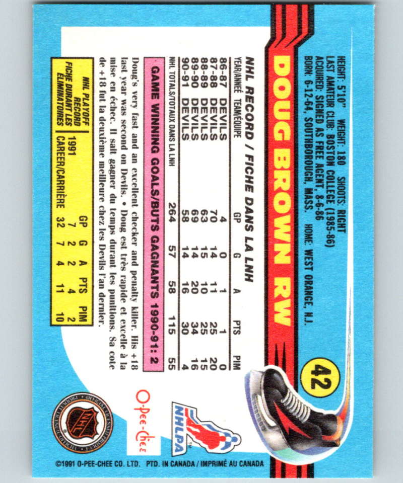1991-92 O-Pee-Chee #42 Doug Brown Mint New Jersey Devils Image 2