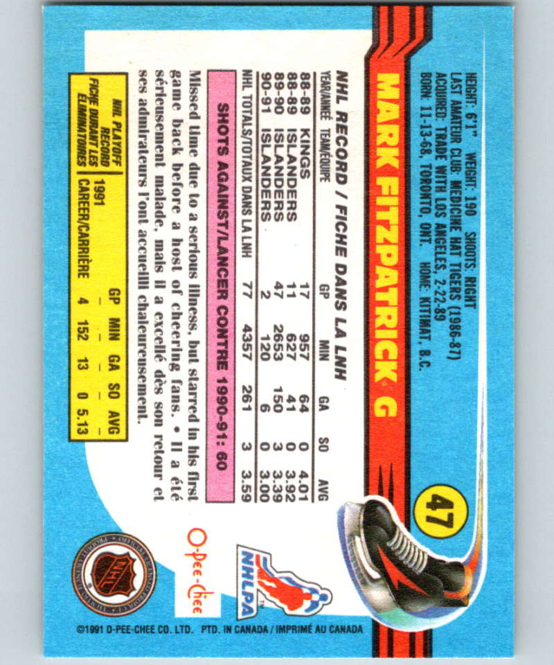 1991-92 O-Pee-Chee #47 Mark Fitzpatrick Mint New York Islanders Image 2