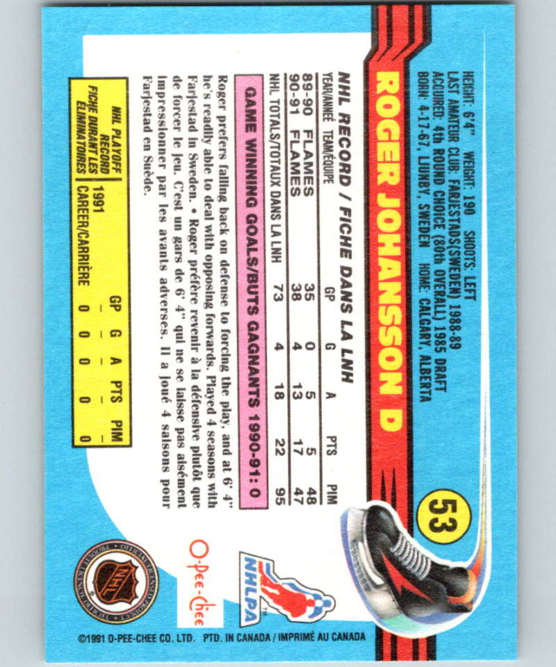 1991-92 O-Pee-Chee #53 Roger Johansson Mint Calgary Flames