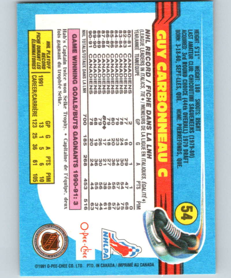 1991-92 O-Pee-Chee #54 Guy Carbonneau Mint Montreal Canadiens