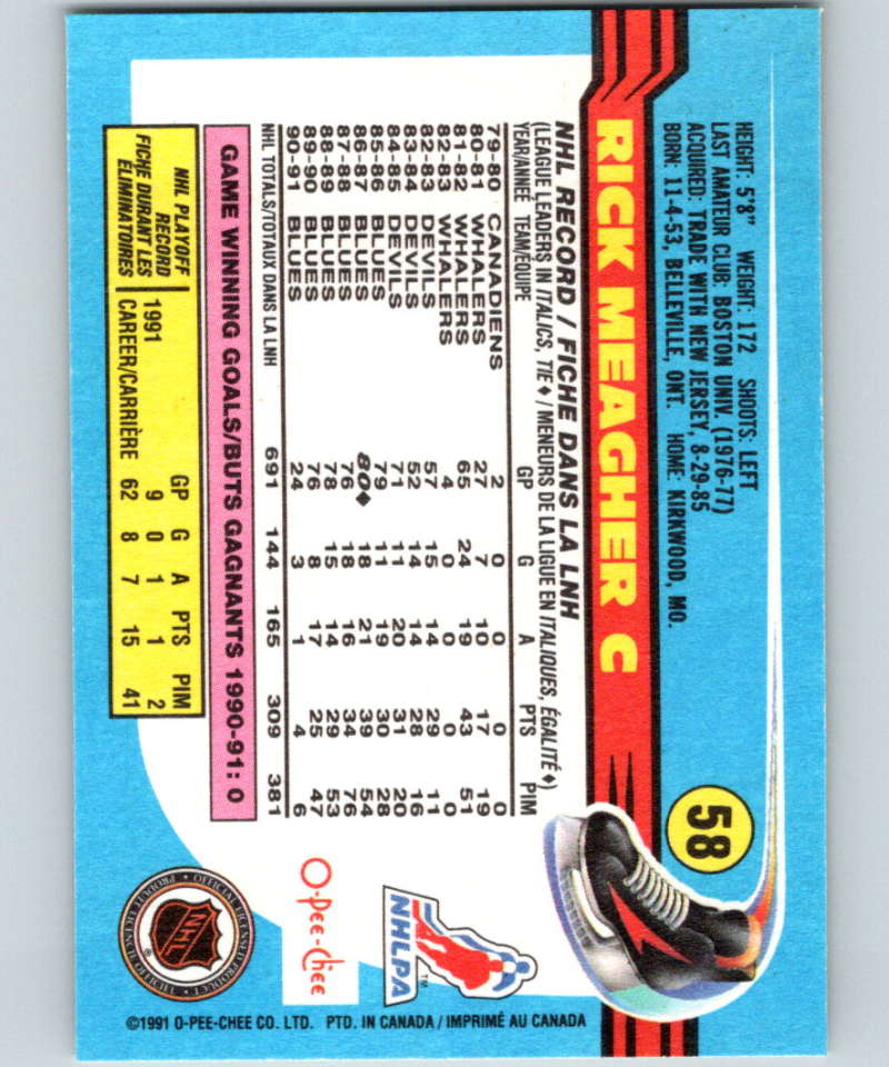 1991-92 O-Pee-Chee #58 Rick Meagher Mint St. Louis Blues Image 2