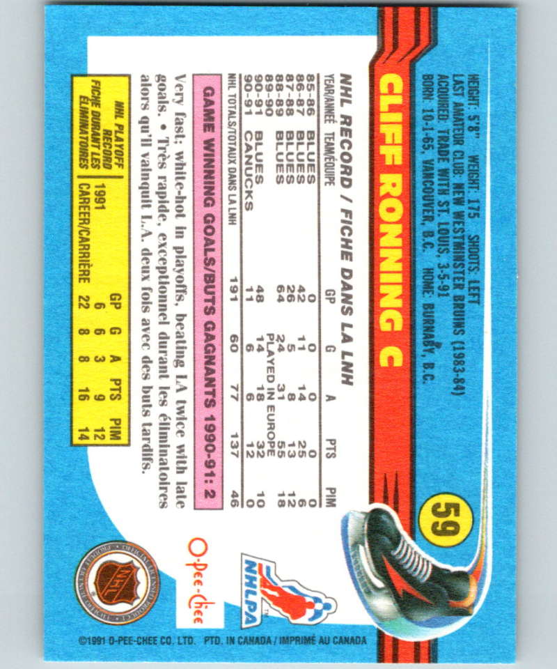 1991-92 O-Pee-Chee #59 Cliff Ronning Mint Vancouver Canucks Image 2