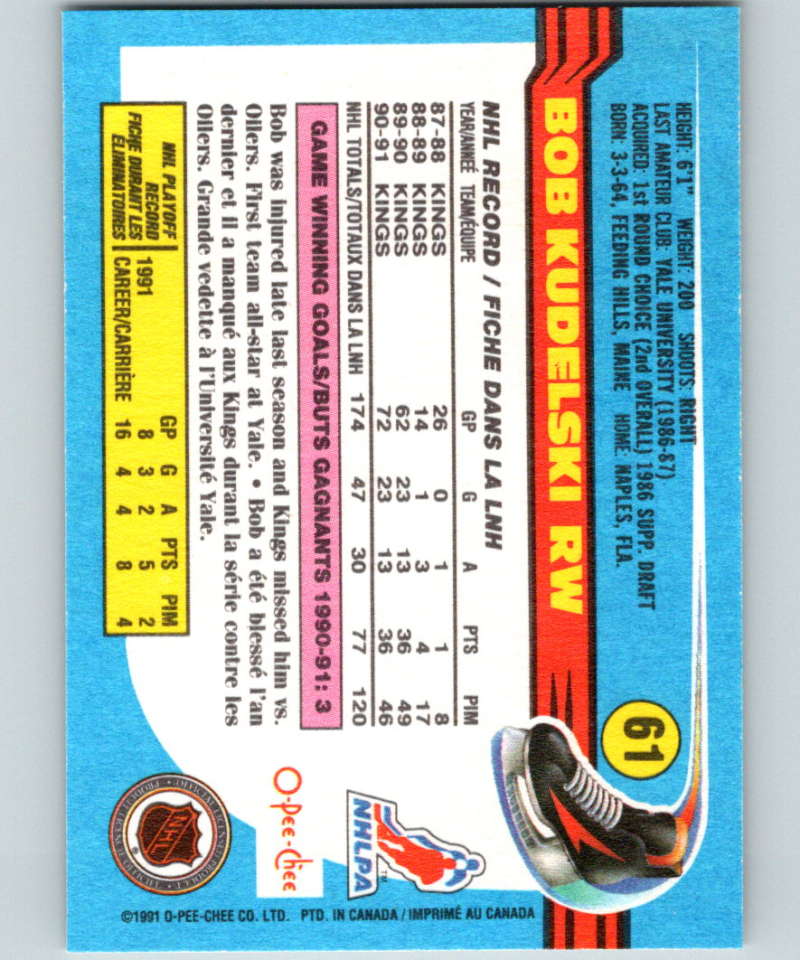 1991-92 O-Pee-Chee #61 Bob Kudelski Mint Los Angeles Kings Image 2