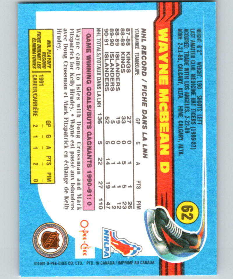 1991-92 O-Pee-Chee #62 Wayne McBean Mint New York Islanders