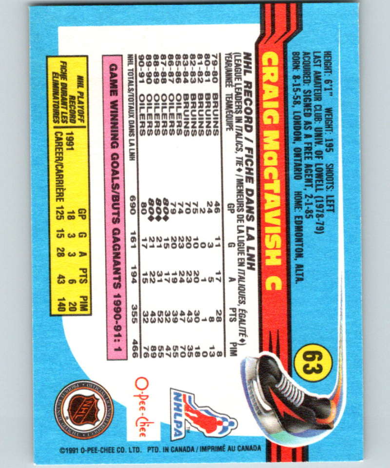 1991-92 O-Pee-Chee #63 Craig MacTavish Mint Edmonton Oilers Image 2