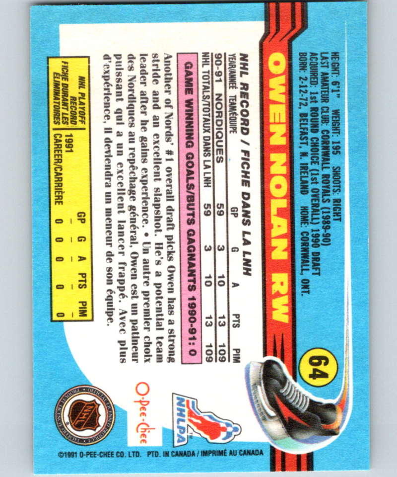 1991-92 O-Pee-Chee #64 Owen Nolan Mint Quebec Nordiques Image 2