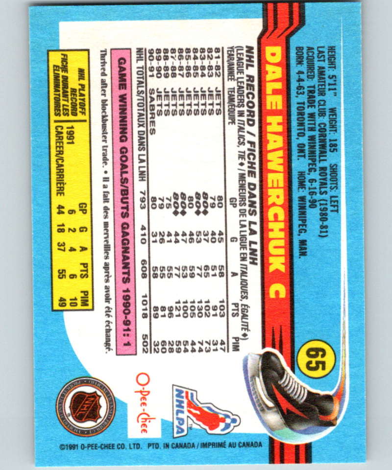 1991-92 O-Pee-Chee #65 Dale Hawerchuk Mint Winnipeg Jets Image 2