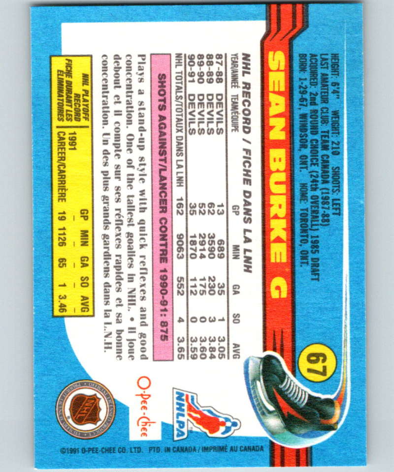 1991-92 O-Pee-Chee #67 Sean Burke Mint New Jersey Devils Image 2