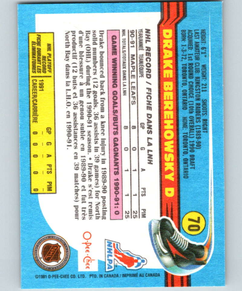 1991-92 O-Pee-Chee #70 Drake Berehowsky Mint Toronto Maple Leafs Image 2