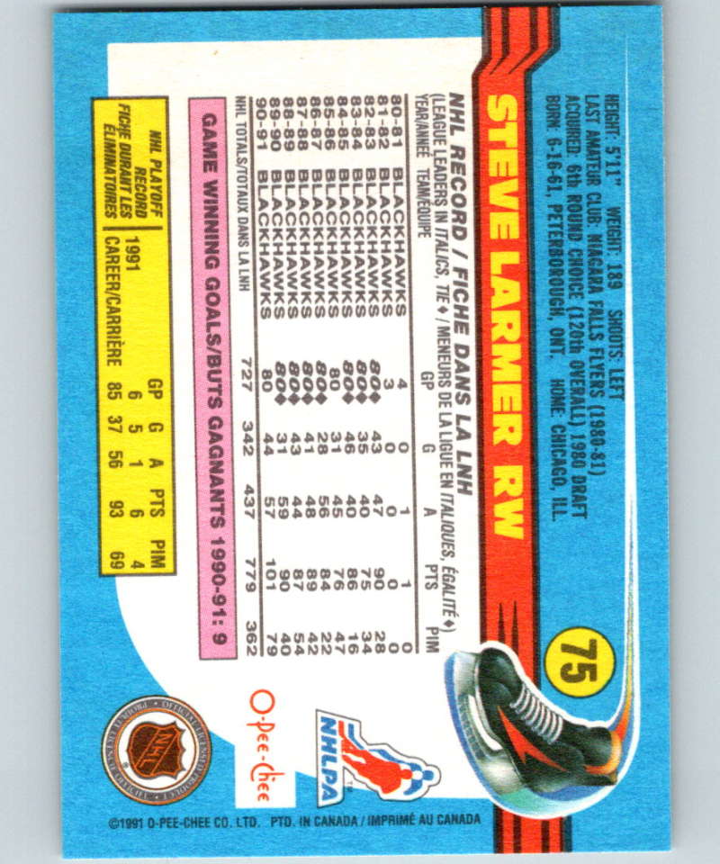 1991-92 O-Pee-Chee #75 Steve Larmer Mint Chicago Blackhawks Image 2