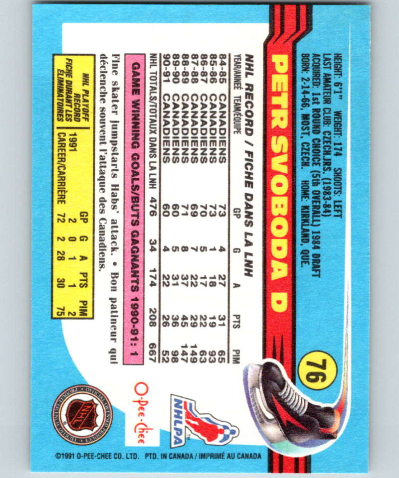 1991-92 O-Pee-Chee #76 Petr Svoboda Mint Montreal Canadiens Image 2