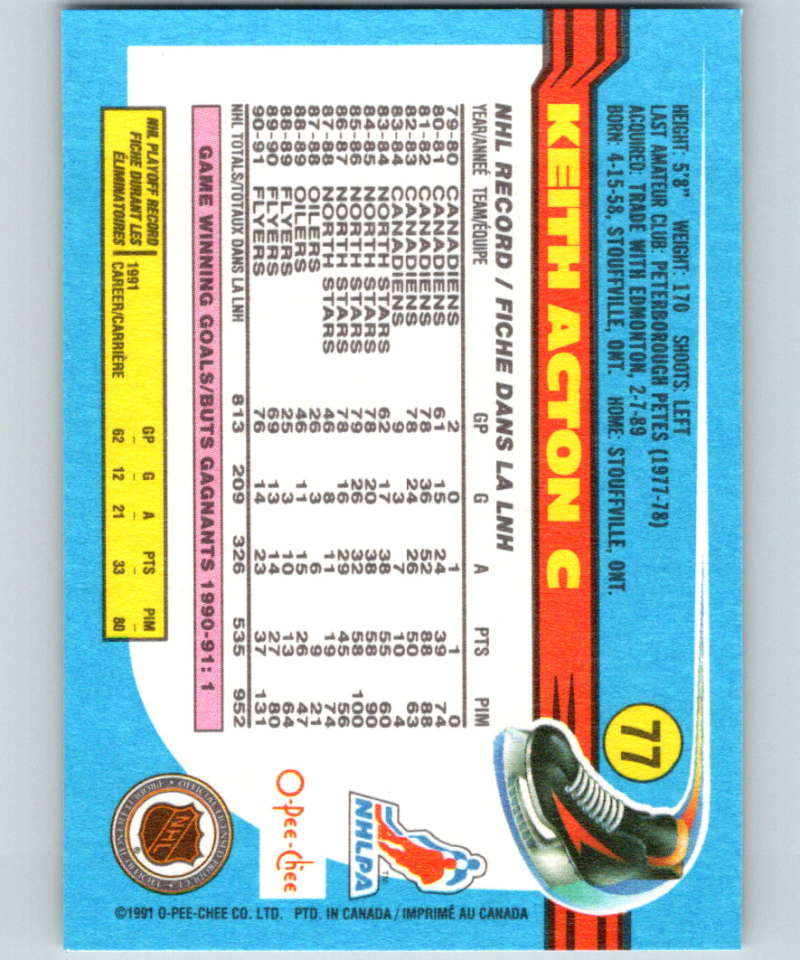 1991-92 O-Pee-Chee #77 Keith Acton Mint Philadelphia Flyers Image 2