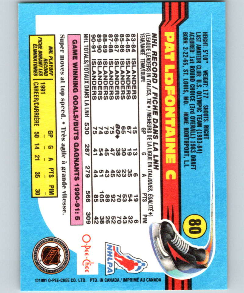 1991-92 O-Pee-Chee #80 Pat LaFontaine Mint New York Islanders Image 2