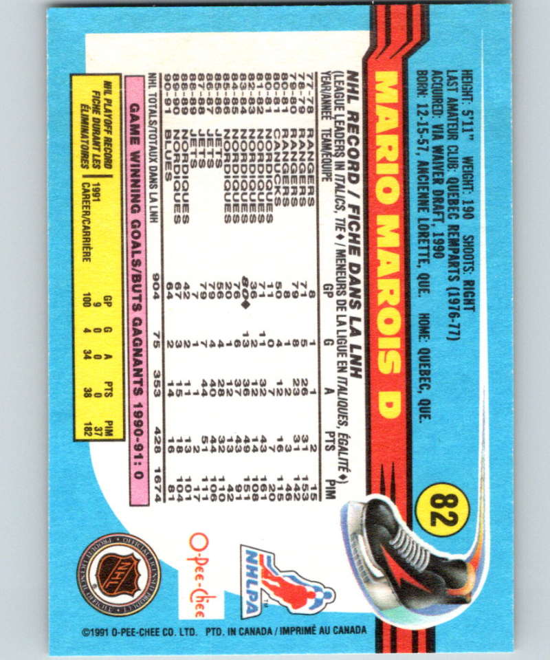 1991-92 O-Pee-Chee #82 Mario Marois Mint St. Louis Blues Image 2