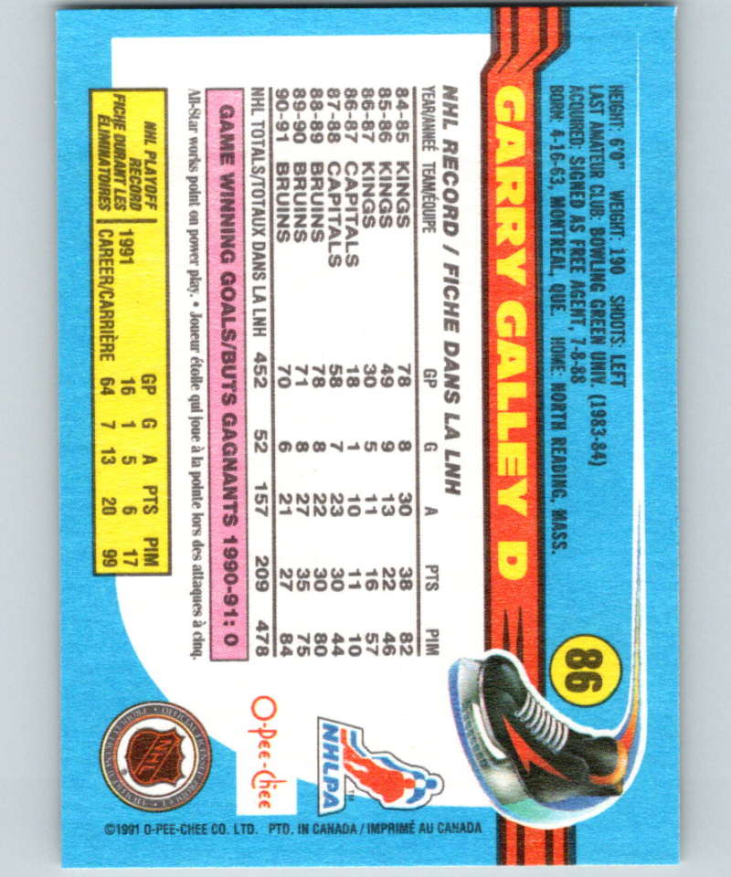 1991-92 O-Pee-Chee #86 Garry Galley Mint Boston Bruins Image 2