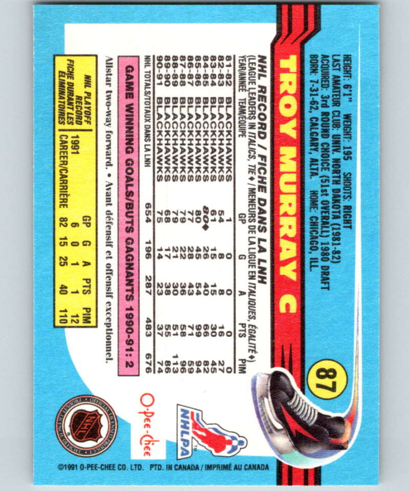 1991-92 O-Pee-Chee #87 Troy Murray Mint Chicago Blackhawks Image 2