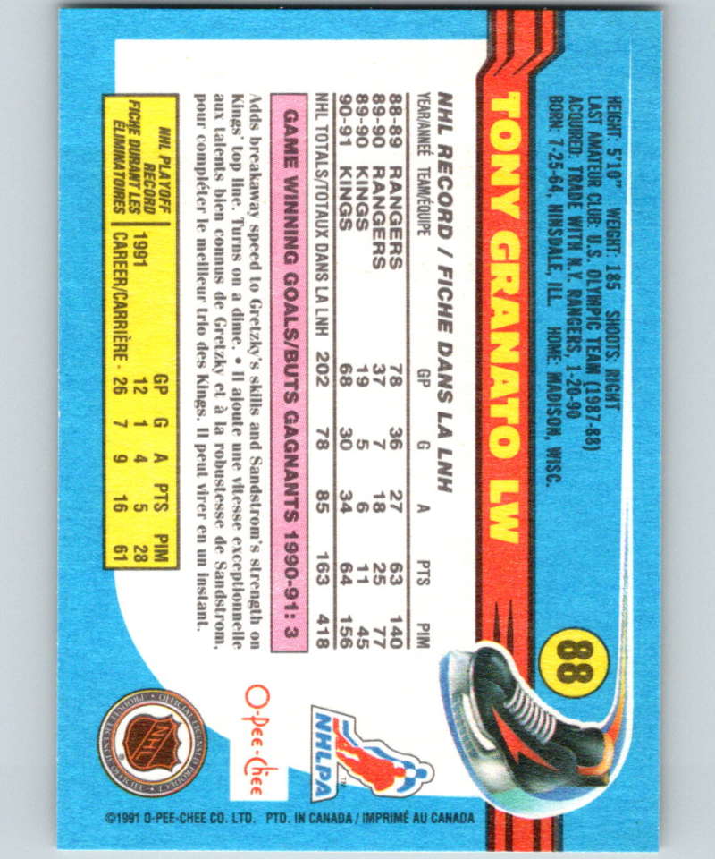 1991-92 O-Pee-Chee #88 Tony Granato Mint Los Angeles Kings Image 2