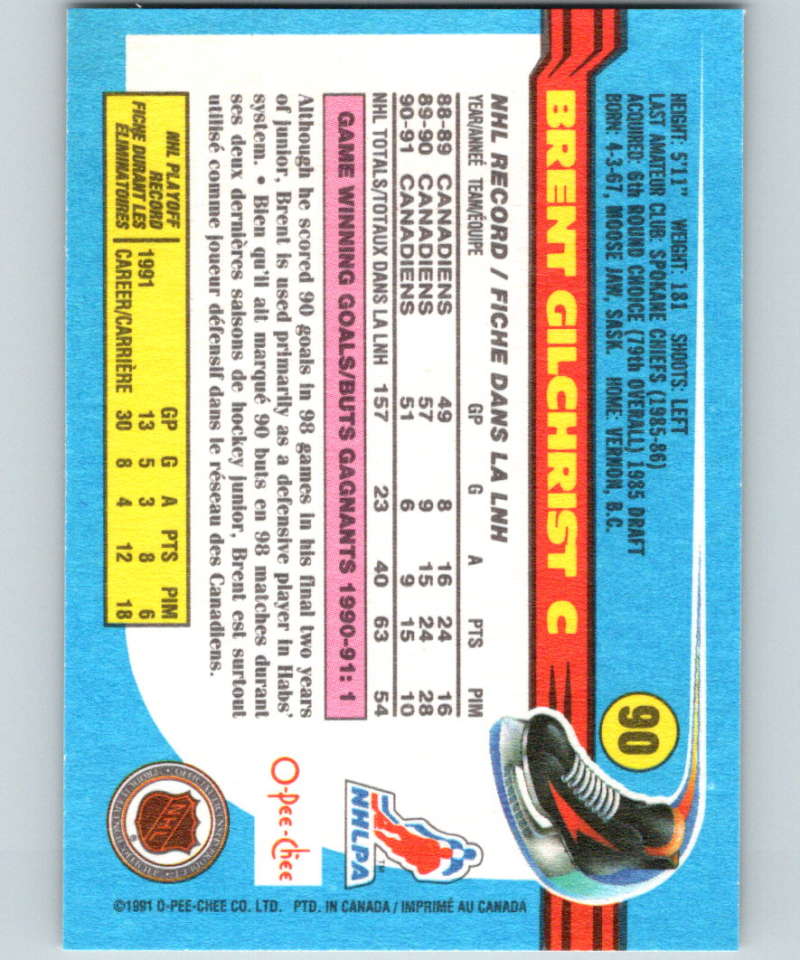 1991-92 O-Pee-Chee #90 Brent Gilchrist Mint Montreal Canadiens Image 2