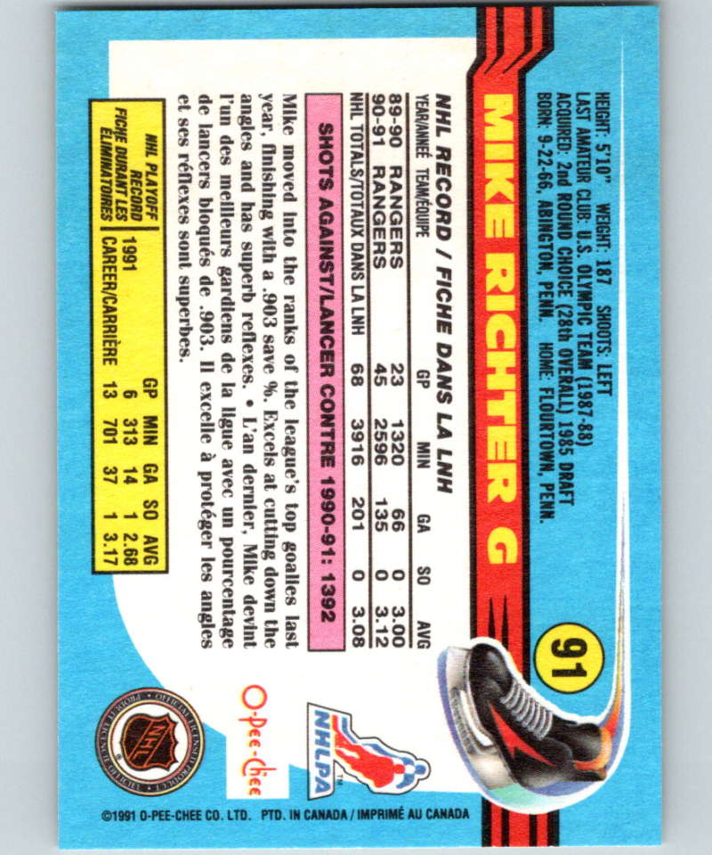 1991-92 O-Pee-Chee #91 Mike Richter Mint New York Rangers Image 2