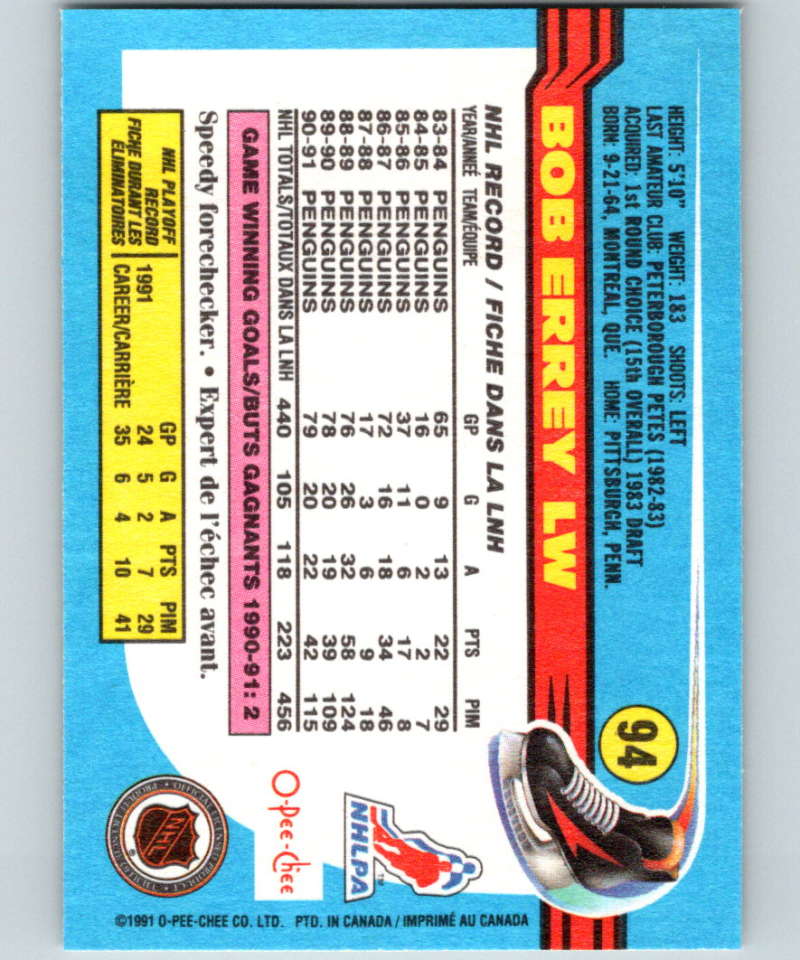 1991-92 O-Pee-Chee #94 Bob Errey Mint Pittsburgh Penguins Image 2