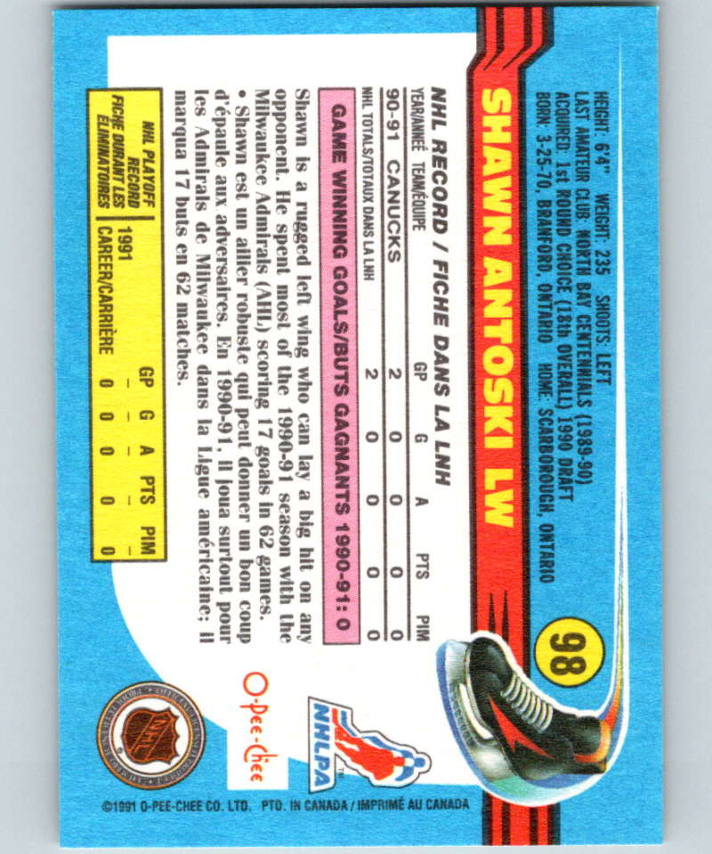1991-92 O-Pee-Chee #98 Shawn Antoski Mint Vancouver Canucks Image 2