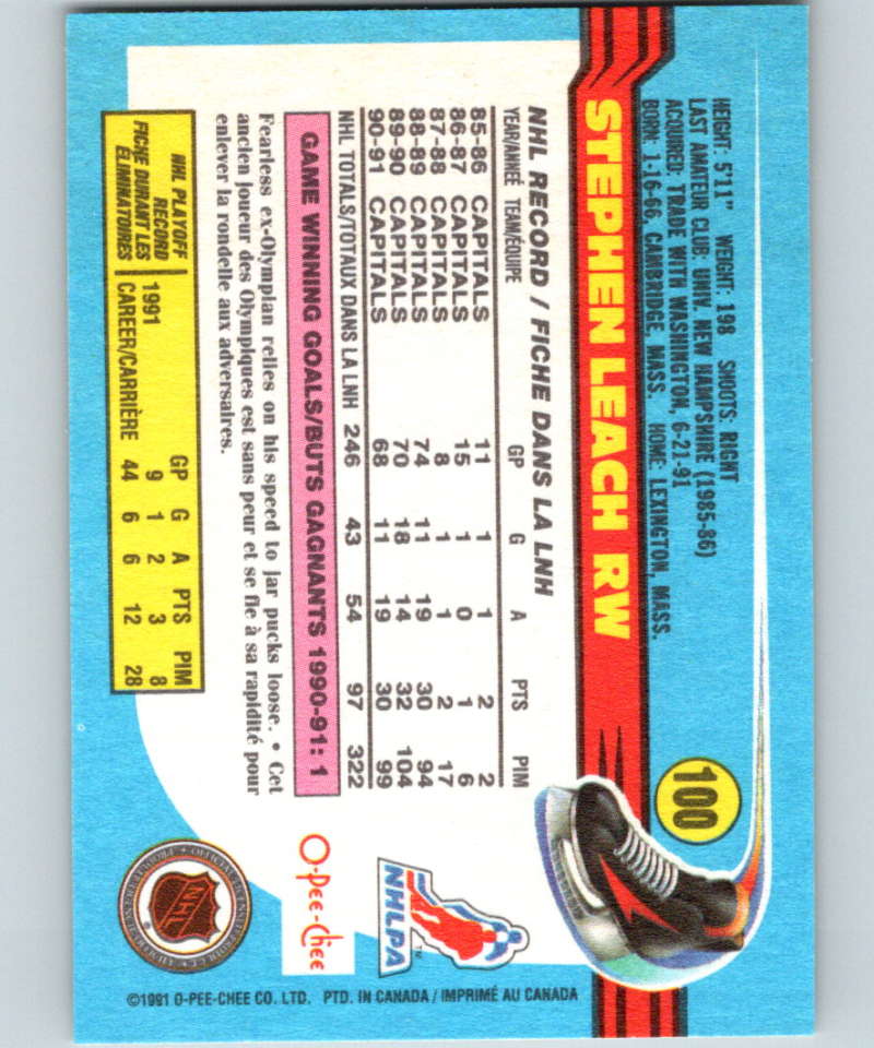 1991-92 O-Pee-Chee #100 Stephen Leach Mint Washington Capitals Image 2