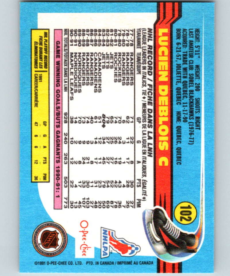 1991-92 O-Pee-Chee #102 Lucien DeBlois Mint Toronto Maple Leafs Image 2