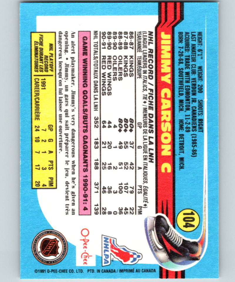 1991-92 O-Pee-Chee #104 Jimmy Carson Mint Detroit Red Wings Image 2