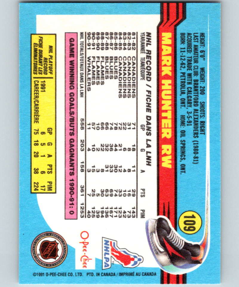 1991-92 O-Pee-Chee #109 Mark Hunter Mint Hartford Whalers Image 2