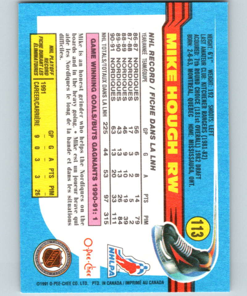 1991-92 O-Pee-Chee #113 Mike Hough Mint Quebec Nordiques Image 2