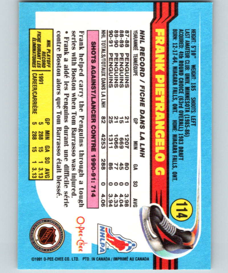 1991-92 O-Pee-Chee #114 Frank Pietrangelo Mint Pittsburgh Penguins Image 2