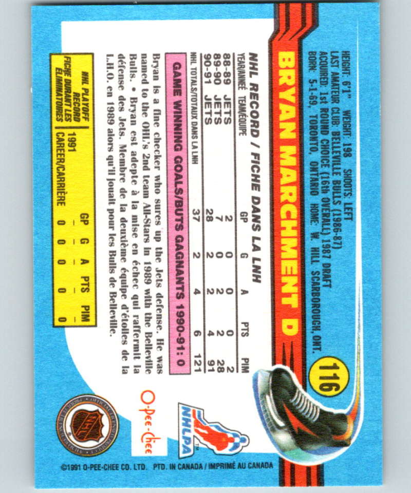 1991-92 O-Pee-Chee #116 Bryan Marchment Mint RC Rookie Winnipeg Jets