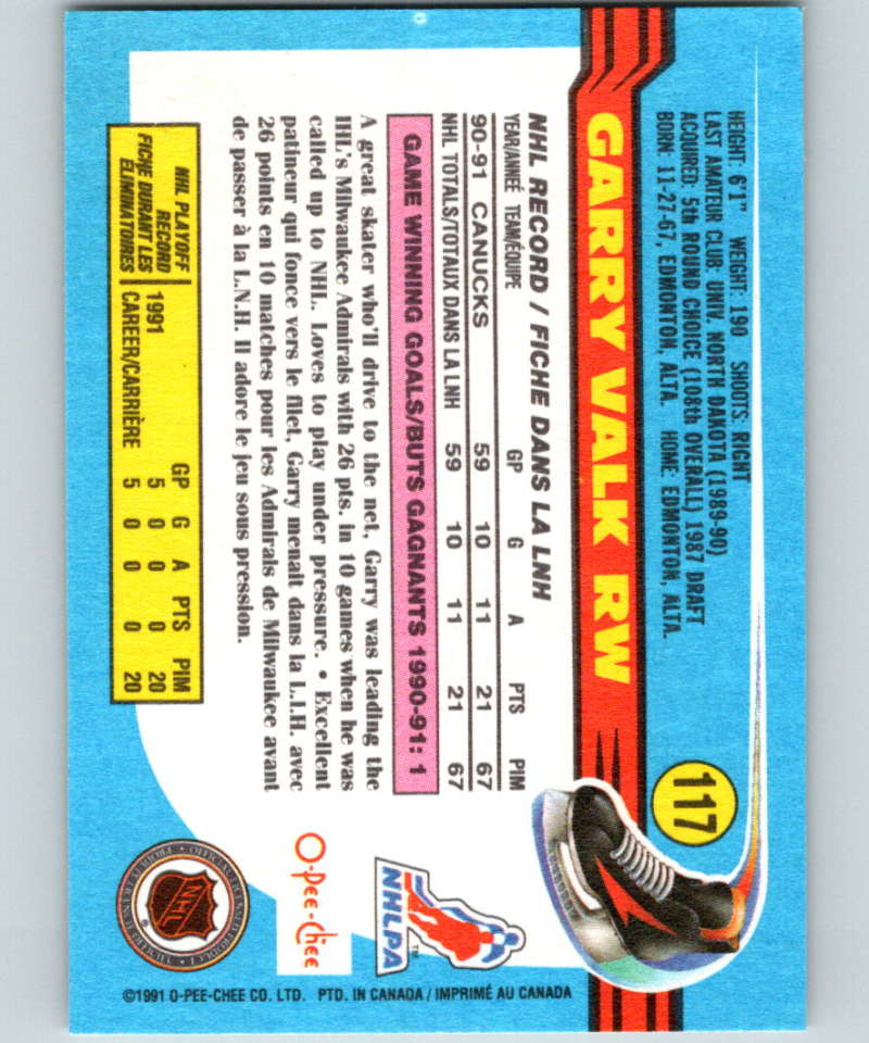 1991-92 O-Pee-Chee #117 Garry Valk Mint Vancouver Canucks Image 2