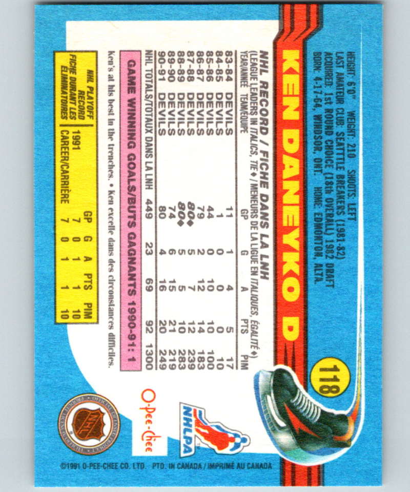 1991-92 O-Pee-Chee #118 Ken Daneyko Mint New Jersey Devils Image 2