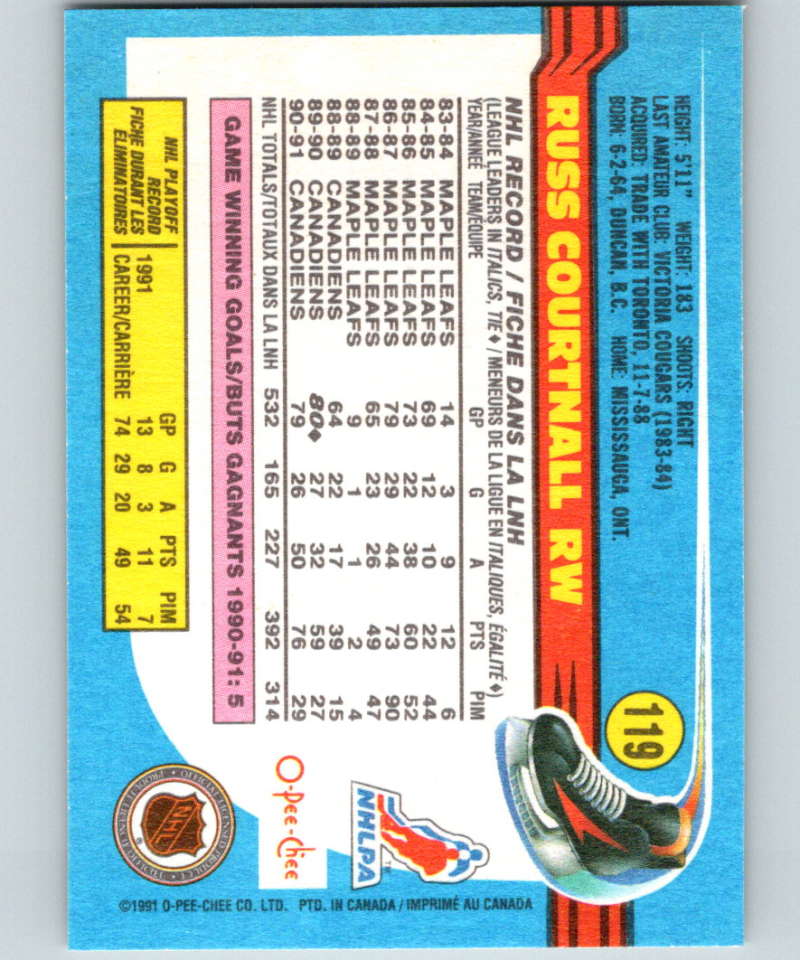 1991-92 O-Pee-Chee #119 Russ Courtnall Mint Montreal Canadiens Image 2