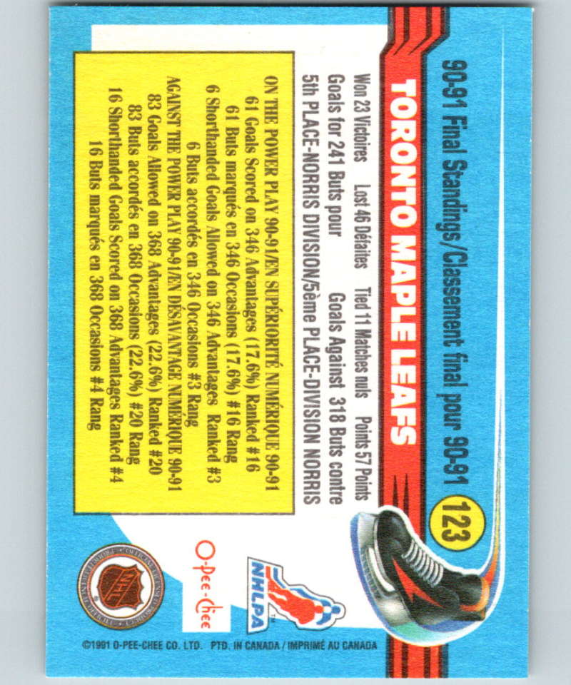 1991-92 O-Pee-Chee #123 Maple Leafs Team Mint Image 2