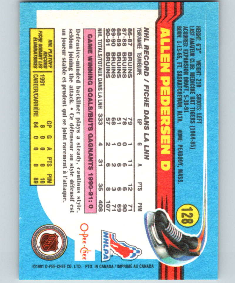 1991-92 O-Pee-Chee #128 Allen Pedersen Mint Boston Bruins Image 2